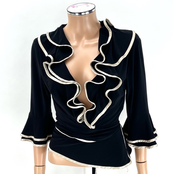 JOSEPH RIBKOFF Flamenco Ruffle Wrap Blouse SIZE 8 Black Ivory Satin Evening Top - Picture 7 of 15